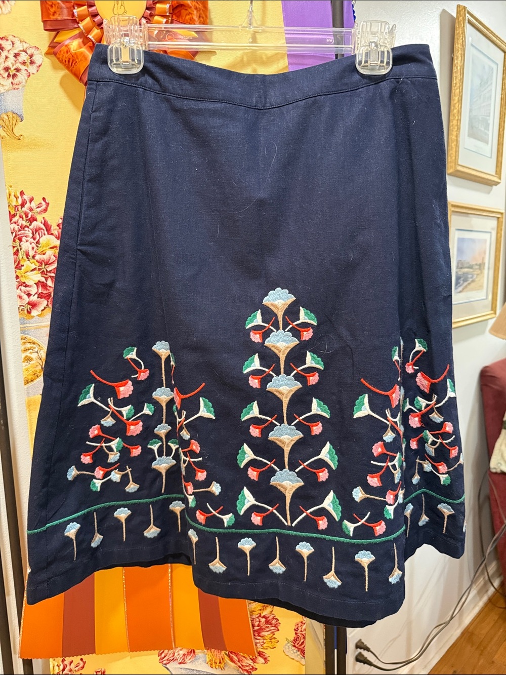 Boden Navy A-Line Skirt with Multicolor Floral Embroidery